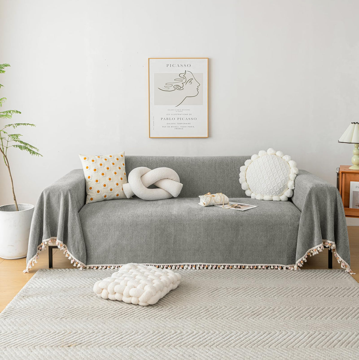 HANDONTIME Green Sofa Cover Vintage Couch Cover for Dogs 91" X150" Couch Cushion Covers with Tassel Herringbone Sofa Cover Boho Sofa Covers for 3 Cushion Couch Chenille Soft Loveseat Sofa Covers