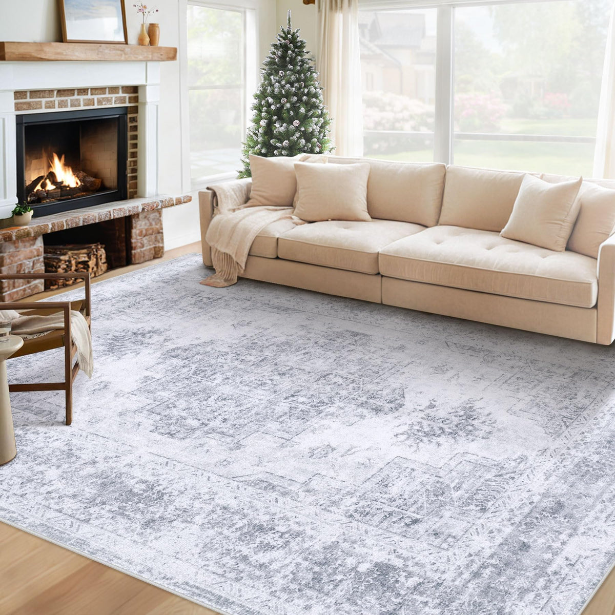 XLUEZ Area Rug 8x10 Living Room Rug, Machine Washable Vintage Distressed Medallion Rug Non-Slip Soft Low Pile Large Indoor Rugs for Bedroom Dining Room Office Children's Room (Beige,8'x10')