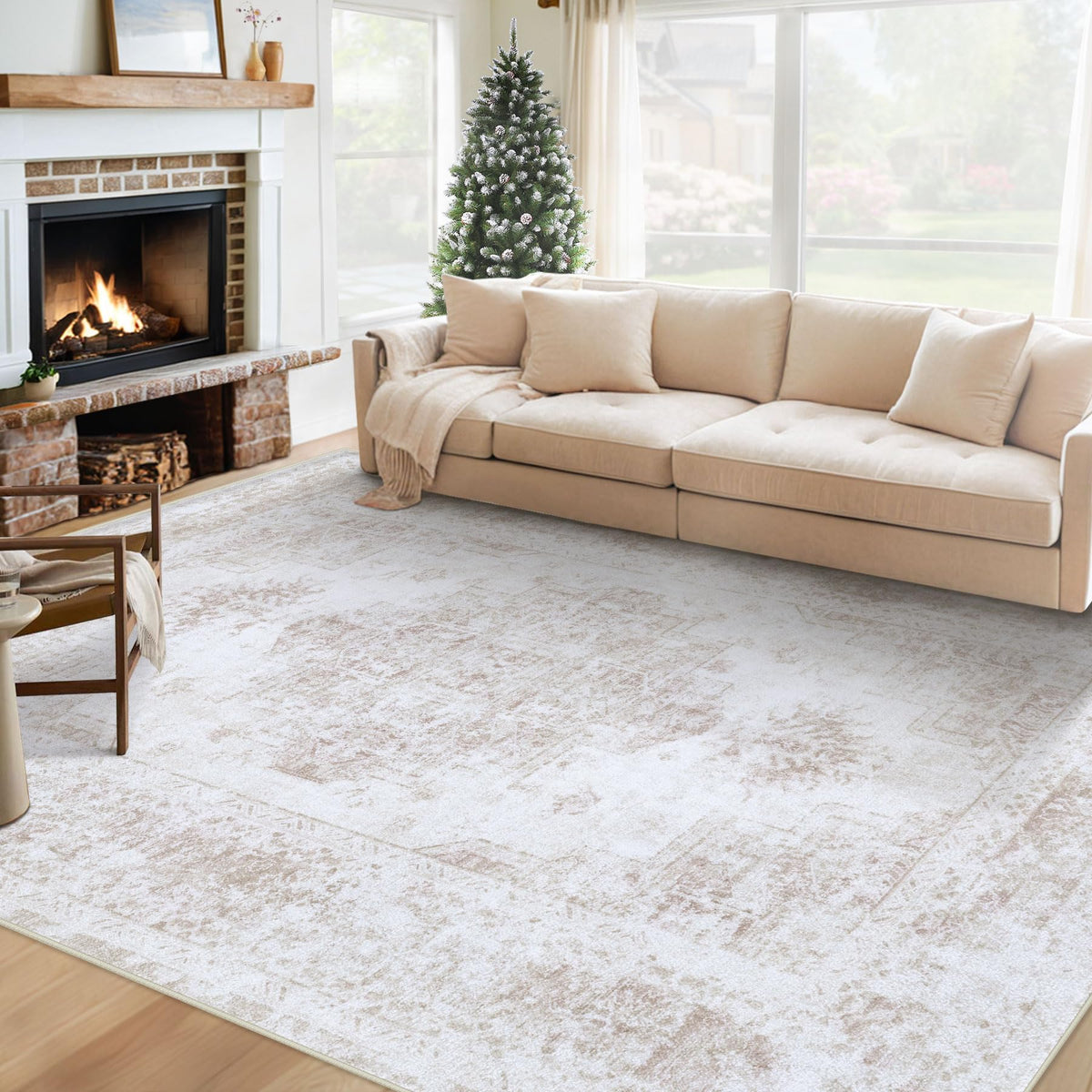 XLUEZ Area Rug 8x10 Living Room Rug, Machine Washable Vintage Distressed Medallion Rug Non-Slip Soft Low Pile Large Indoor Rugs for Bedroom Dining Room Office Children's Room (Beige,8'x10')