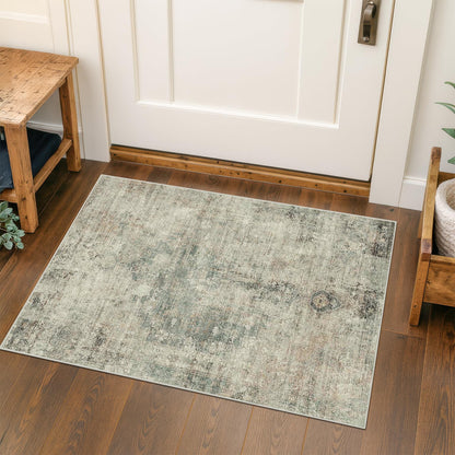 Farmhouse 8x10 Washable Area Rugs for Living Room, Neutral Taupe Brown Abstract Rug for Dining Room and Bedroom, Soft Foldable Low Pile Carpet, Stain Resistant Non-Slip Backing, Distressed Design