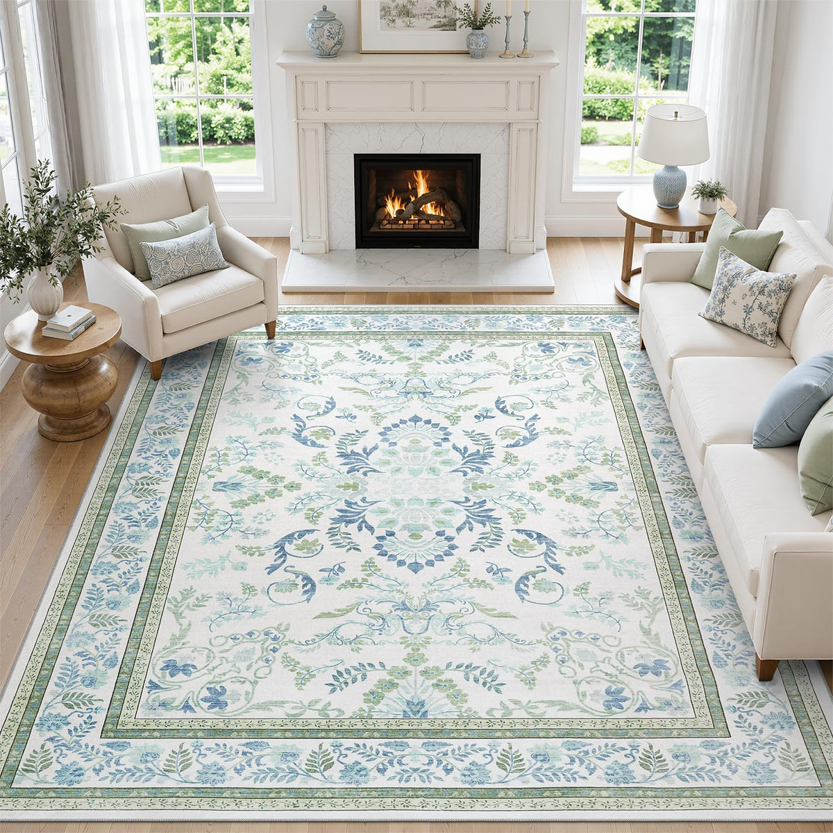 DCX 8x10 Area Rug Living Room: Washable Botanical Carpet Blue and Green