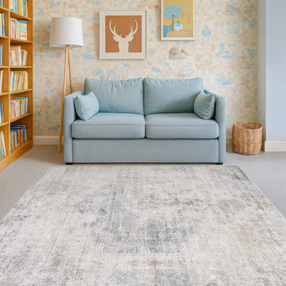 Farmhouse 8x10 Washable Area Rugs for Living Room, Neutral Taupe Brown Abstract Rug for Dining Room and Bedroom, Soft Foldable Low Pile Carpet, Stain Resistant Non-Slip Backing, Distressed Design