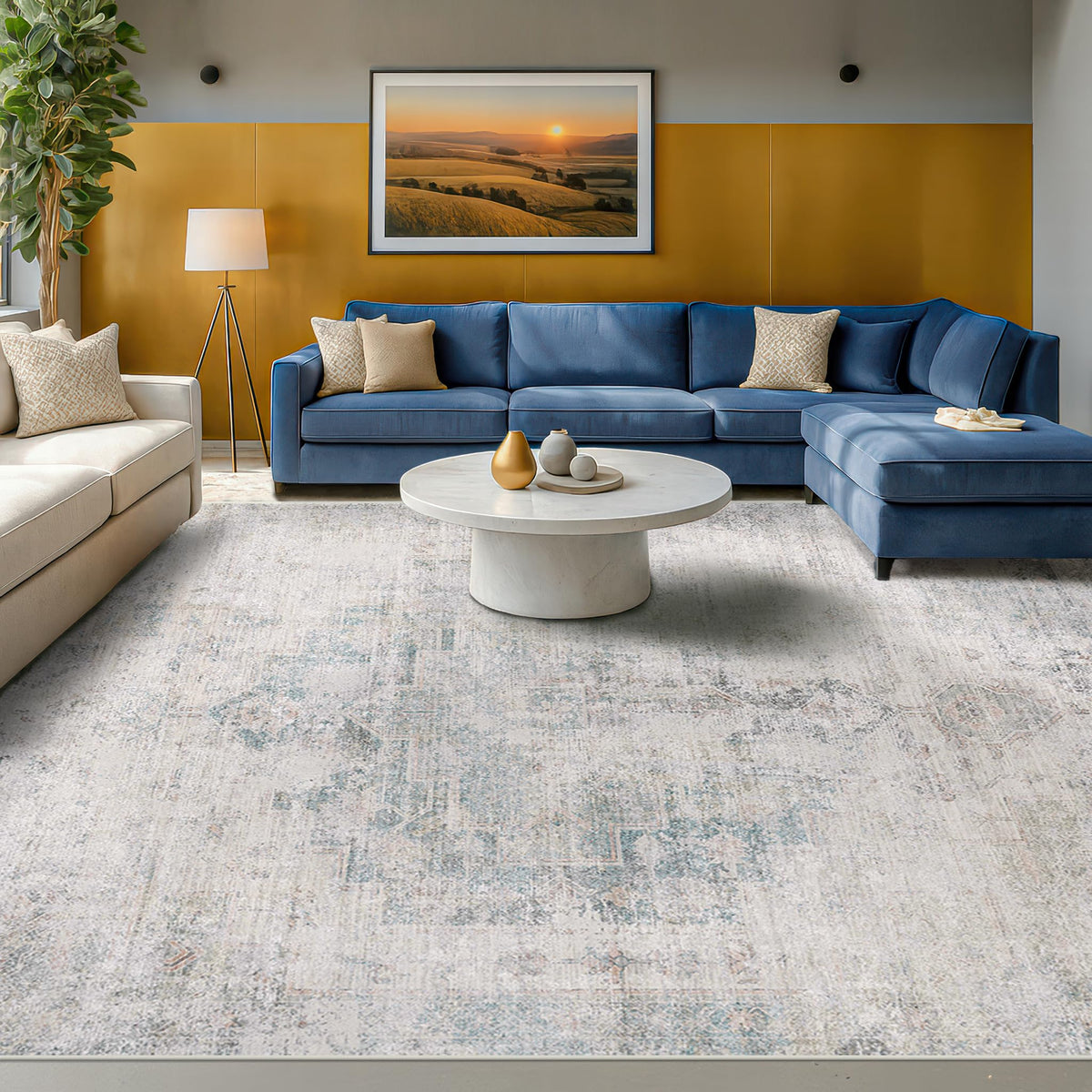 Farmhouse 8x10 Washable Area Rugs for Living Room, Neutral Taupe Brown Abstract Rug for Dining Room and Bedroom, Soft Foldable Low Pile Carpet, Stain Resistant Non-Slip Backing, Distressed Design