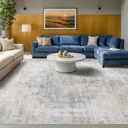 Farmhouse 8x10 Washable Area Rugs for Living Room, Neutral Taupe Brown Abstract Rug for Dining Room and Bedroom, Soft Foldable Low Pile Carpet, Stain Resistant Non-Slip Backing, Distressed Design