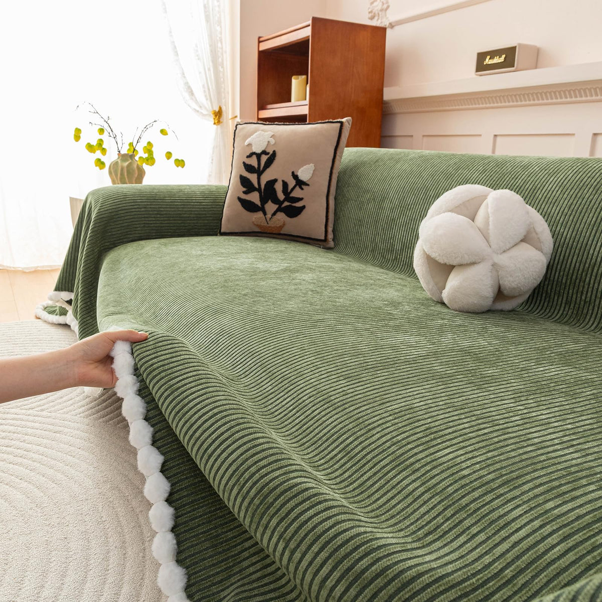 HANDONTIME Green Sofa Cover Vintage Couch Cover for Dogs 91" X150" Couch Cushion Covers with Tassel Herringbone Sofa Cover Boho Sofa Covers for 3 Cushion Couch Chenille Soft Loveseat Sofa Covers