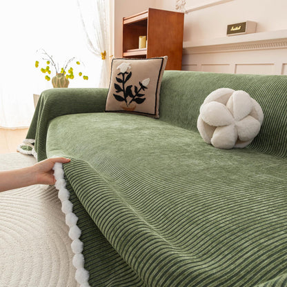 HANDONTIME Green Sofa Cover Vintage Couch Cover for Dogs 91" X150" Couch Cushion Covers with Tassel Herringbone Sofa Cover Boho Sofa Covers for 3 Cushion Couch Chenille Soft Loveseat Sofa Covers