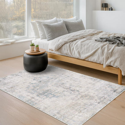 Farmhouse 8x10 Washable Area Rugs for Living Room, Neutral Taupe Brown Abstract Rug for Dining Room and Bedroom, Soft Foldable Low Pile Carpet, Stain Resistant Non-Slip Backing, Distressed Design