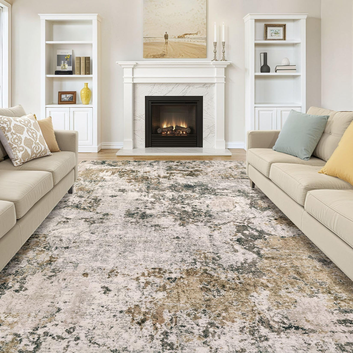 8x10 Area Rugs Living Room Abstract Washable Rug, Gold Brown
