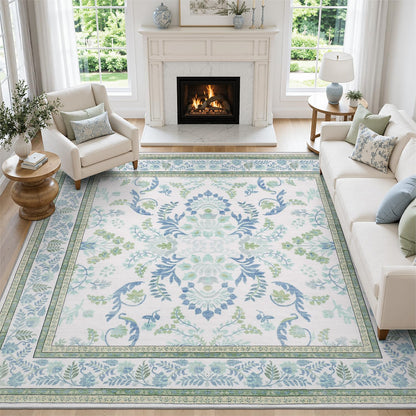 DCX 8x10 Area Rug Living Room: Washable Botanical Carpet Blue and Green