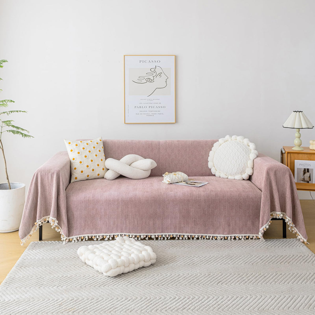 HANDONTIME Green Sofa Cover Vintage Couch Cover for Dogs 91" X150" Couch Cushion Covers with Tassel Herringbone Sofa Cover Boho Sofa Covers for 3 Cushion Couch Chenille Soft Loveseat Sofa Covers