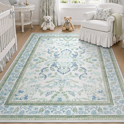 DCX 8x10 Area Rug Living Room: Washable Botanical Carpet Blue and Green