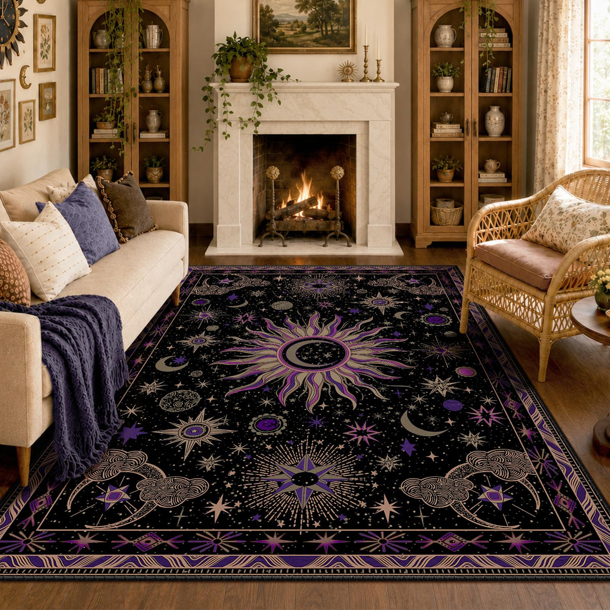 Vacuum-Friendly, 8x10 Washable Area Rug, Black Gold Beige Red