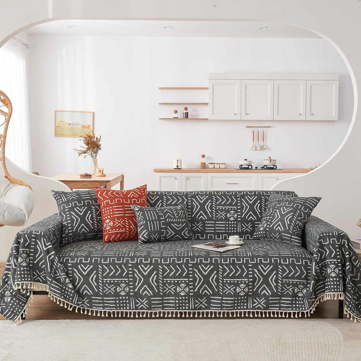 HANDONTIME Green Sofa Cover Vintage Couch Cover for Dogs 91" X150" Couch Cushion Covers with Tassel Herringbone Sofa Cover Boho Sofa Covers for 3 Cushion Couch Chenille Soft Loveseat Sofa Covers