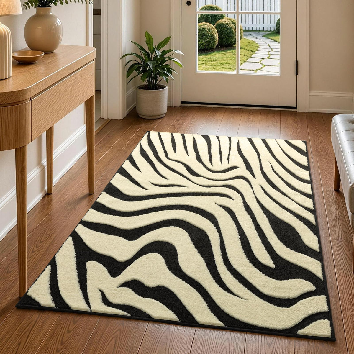 YIHOUSE 5×7 Ft Area Rugs for Living Room: Modern Washable Rug - Abstract Black and Cream White Rug for Bedroom Dining Room Office Playroom Nursery Home Decor - Nonslip Non-Shedding Striped Rugs