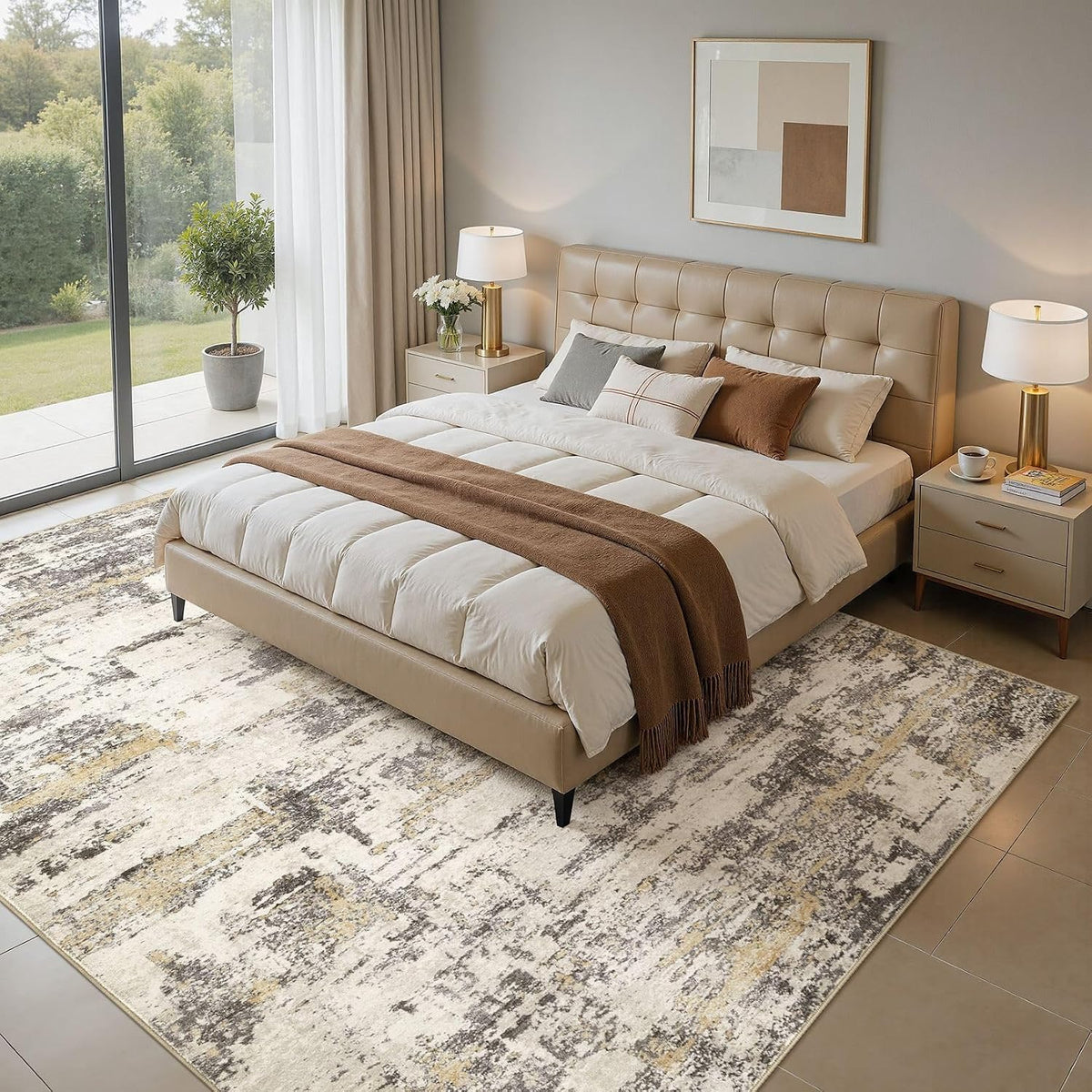 8x10 Area Rugs Living Room Abstract Washable Rug, Gold Brown