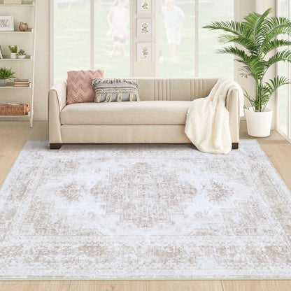 XLUEZ Area Rug 8x10 Living Room Rug, Machine Washable Vintage Distressed Medallion Rug Non-Slip Soft Low Pile Large Indoor Rugs for Bedroom Dining Room Office Children's Room (Beige,8'x10')