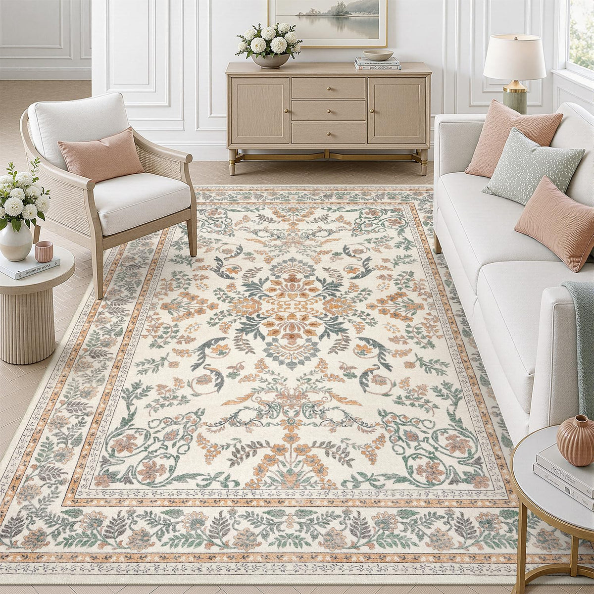 DCX 8x10 Area Rug Living Room: Washable Botanical Carpet Blue and Green