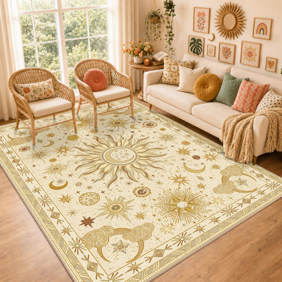 Vacuum-Friendly, 8x10 Washable Area Rug, Black Gold Beige Red