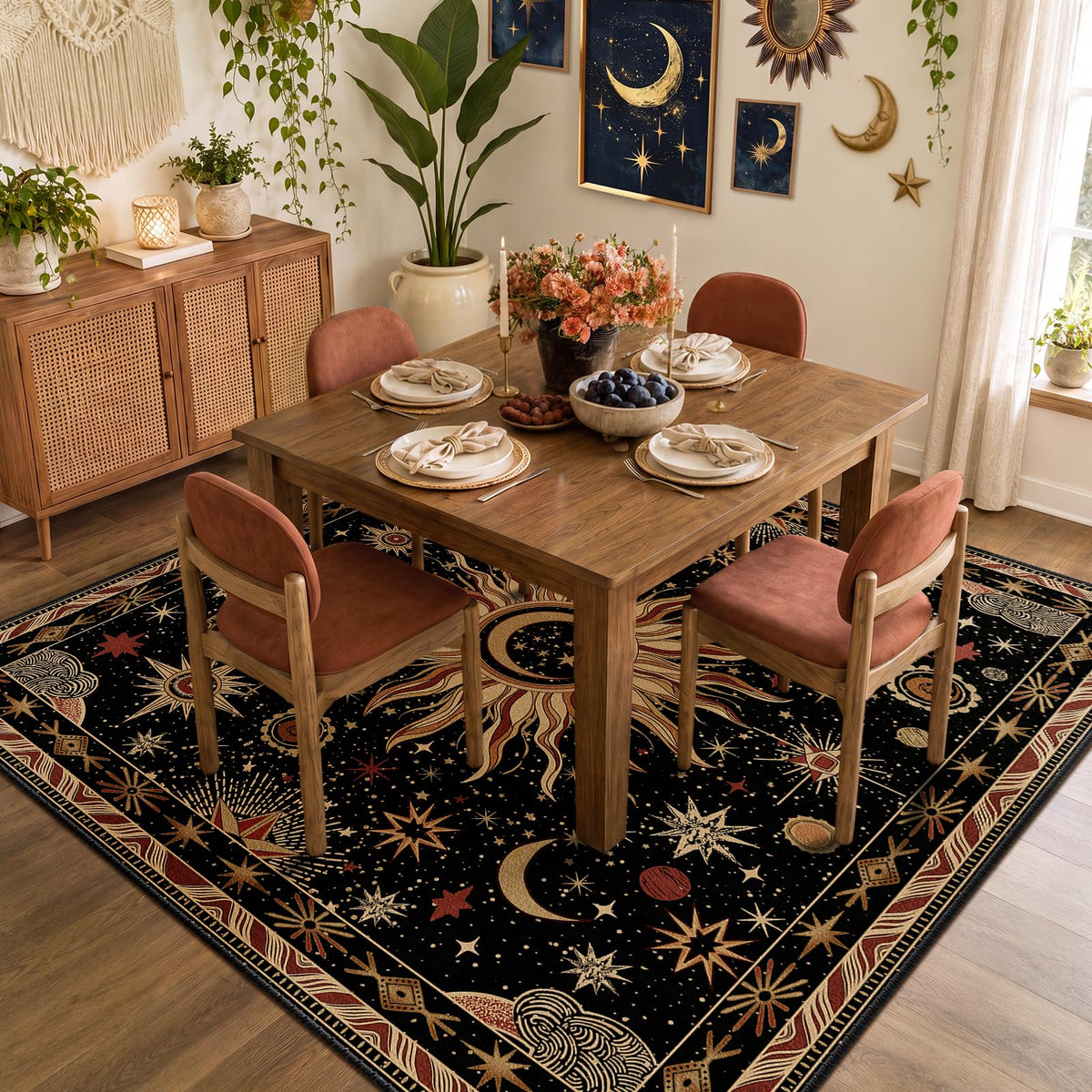Vacuum-Friendly, 8x10 Washable Area Rug, Black Gold Beige Red