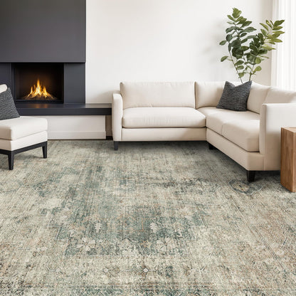 Farmhouse 8x10 Washable Area Rugs for Living Room, Neutral Taupe Brown Abstract Rug for Dining Room and Bedroom, Soft Foldable Low Pile Carpet, Stain Resistant Non-Slip Backing, Distressed Design
