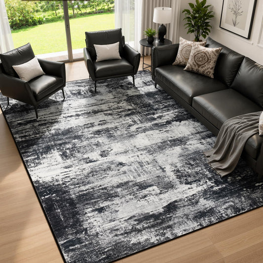 Living Room Rug 5x7, Washable Modern Abstract Rugs Black and White