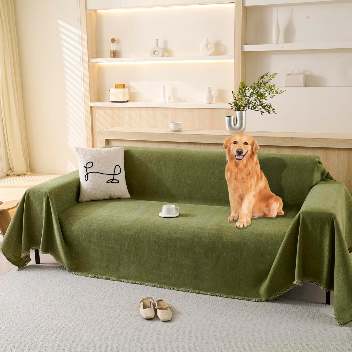 100% Waterproof Couch Cover for Pets Washable Sofa Covers for 3-4 Cushion Couch Sofa SlipCover for Dogs Pet-Friendly Furniture Protector for Living Room with Tassel(71" x 134", Beige)