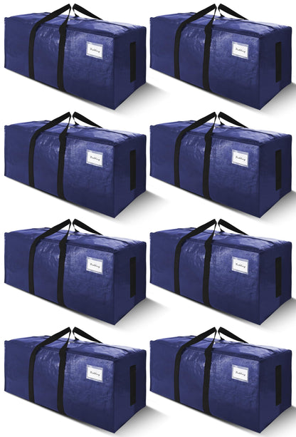 SWEET DOLPHIN 8 Pack 200LB Heavy-Duty Moving Bags with Wrap-Around Handles, Extra Large Storage Totes for Space Saving, Clothes Storage Bags, College Dorm Essentials, Blue, 24 Gal