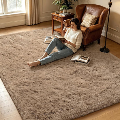 Beige 8x10 Area Rugs for Living Room, Fluffy Shag Rug Large Bedroom Carpet