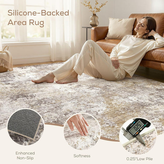 Nakagishi 10X14 Area Rugs for Living Room: Washable Modern Abstract Rug with Non-Slip Silicone Backing Low Pile Soft Carpet for Bedroom & Dining Decor Ideal for Families with Kids and Pets-Brown