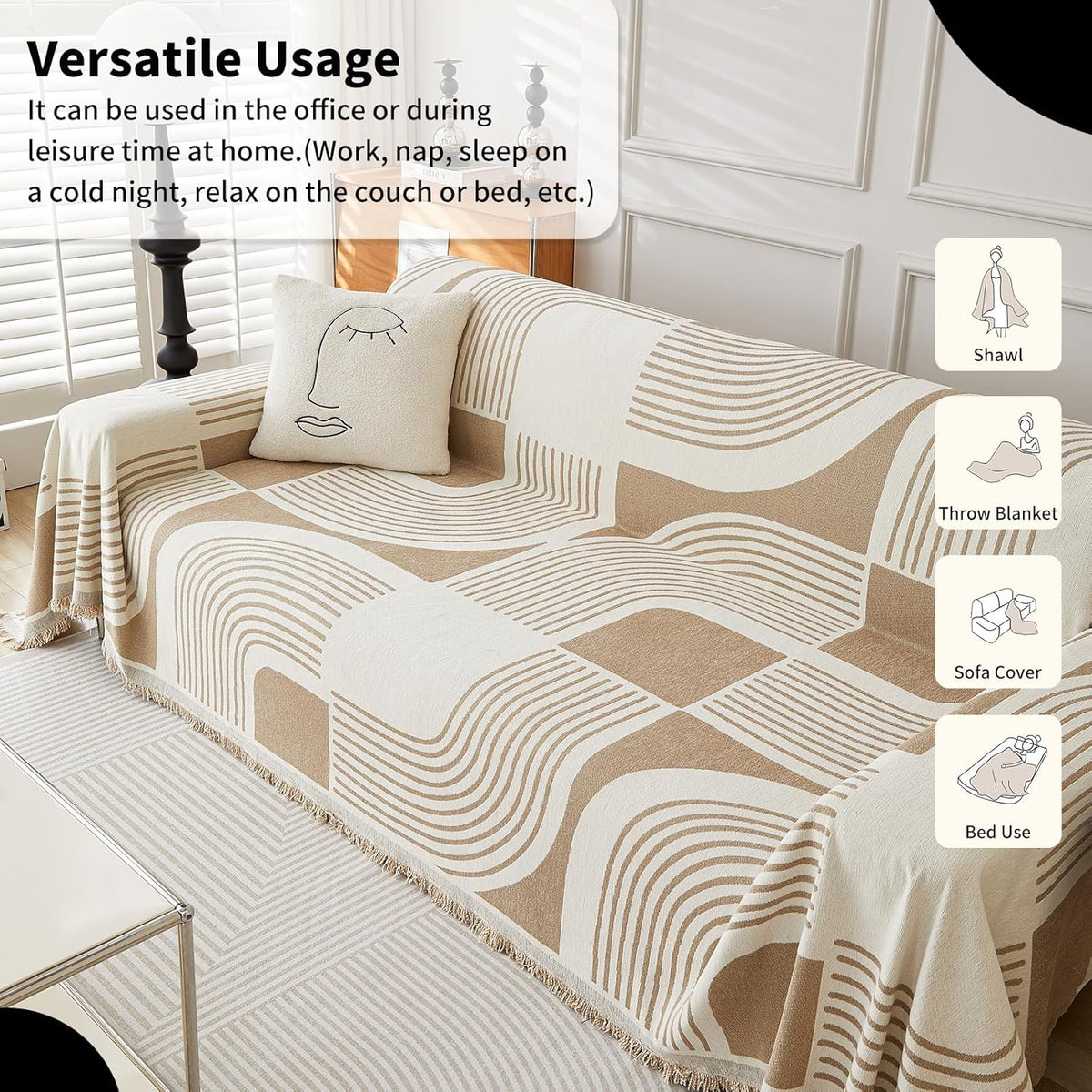 WEYOND Boho Couch Cover, Chenille Sofa Covers Washable, 71" x 102", Khaki