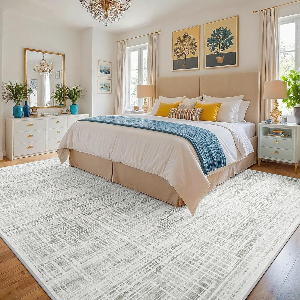 8x10 Washable Area Rug for Living Room Bedroom: Non-Slip Modern White Gray