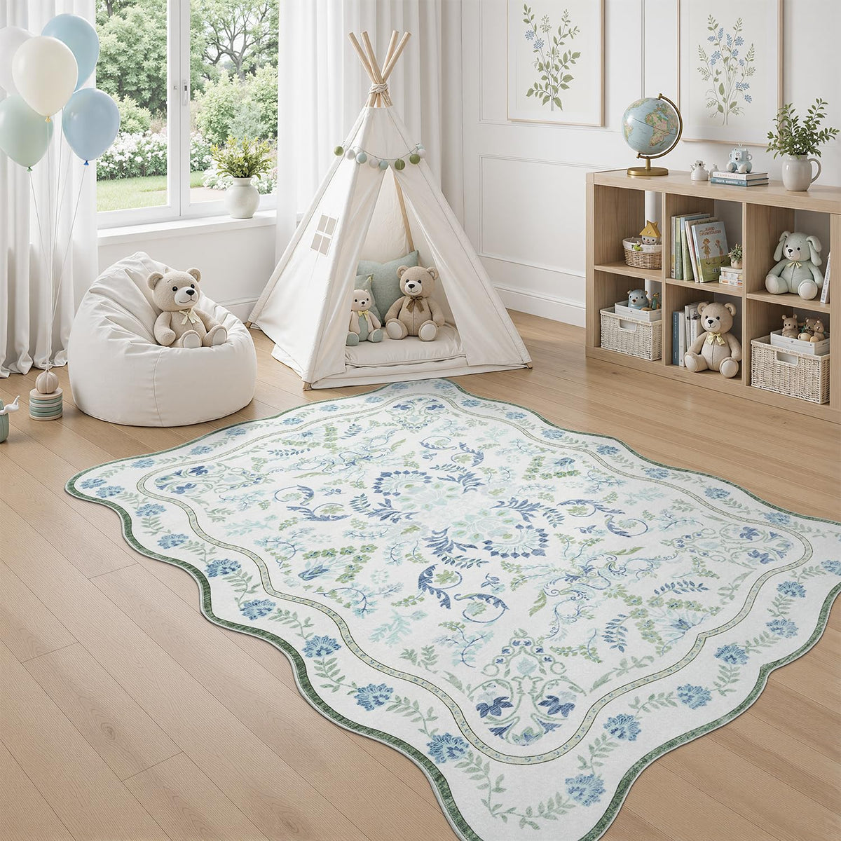 DCX 8x10 Area Rug Living Room: Washable Botanical Carpet Blue and Green