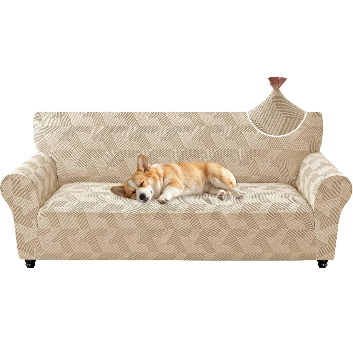 ZNSAYOTX Stretch Couch Covers for 3 Cushion Couch, 1-Piece Sofa Cover Slipcover Pet Friendly, Furniture Protector with Elastic Bottom for Dogs Geometrical Jacquard Fabric (Large, Light Grey)