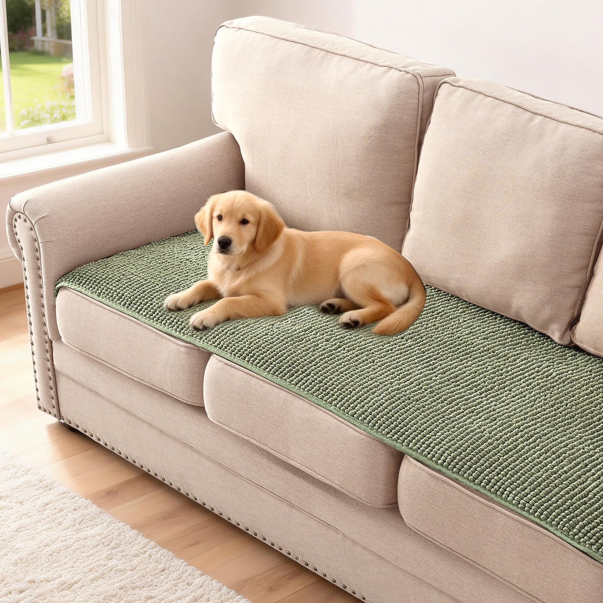 H.VERSAILTEX Plush Chenille Dog Bed Cover Thick Soft Sofa Cover for 3 Cushion Couch Anti Slip Couch Cover Furniture Protector for Dog, Pet, Cat (35" x 82", Ivory)