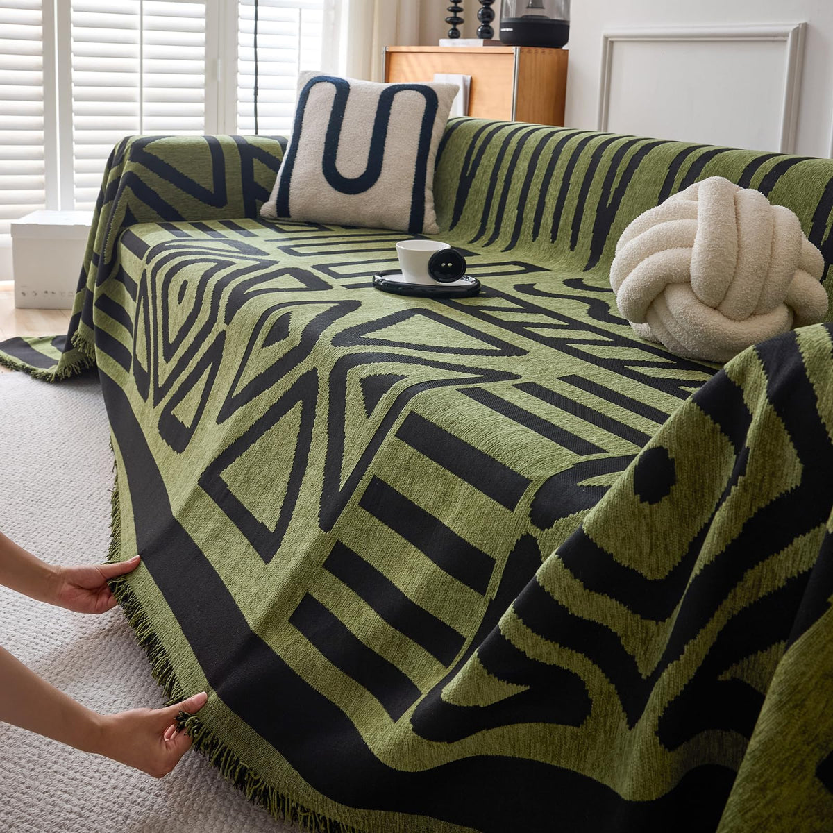 HANDONTIME Green Sofa Cover Vintage Couch Cover for Dogs 91" X150" Couch Cushion Covers with Tassel Herringbone Sofa Cover Boho Sofa Covers for 3 Cushion Couch Chenille Soft Loveseat Sofa Covers