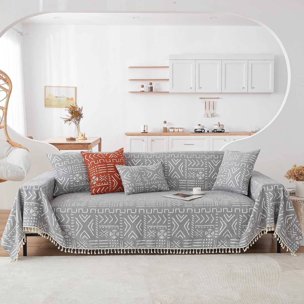 HANDONTIME Green Sofa Cover Vintage Couch Cover for Dogs 91" X150" Couch Cushion Covers with Tassel Herringbone Sofa Cover Boho Sofa Covers for 3 Cushion Couch Chenille Soft Loveseat Sofa Covers