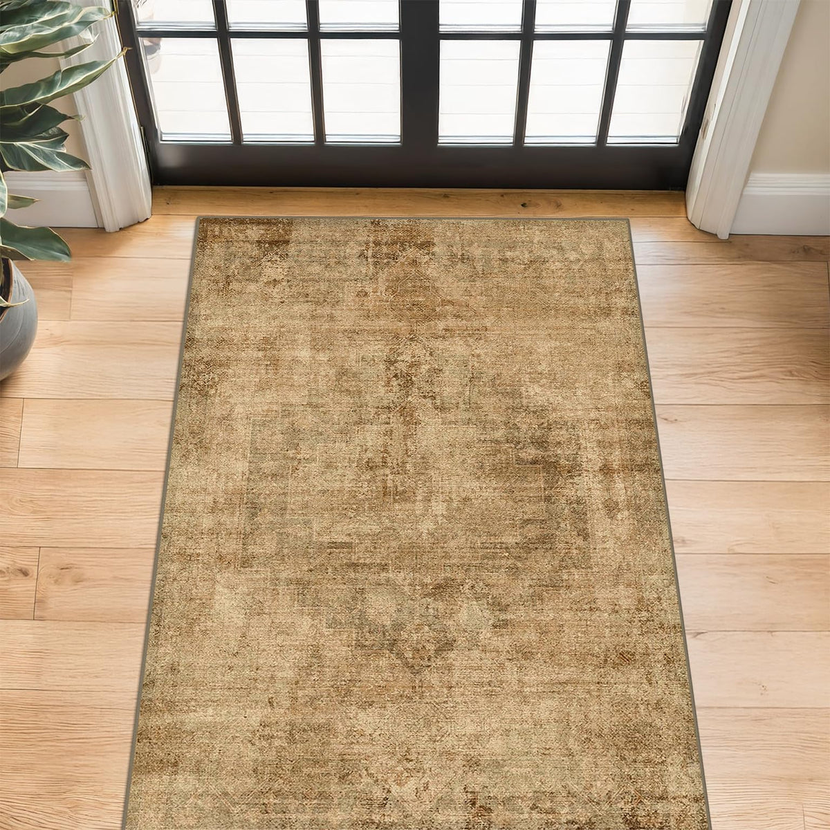 Farmhouse 8x10 Washable Area Rugs for Living Room, Neutral Taupe Brown Abstract Rug for Dining Room and Bedroom, Soft Foldable Low Pile Carpet, Stain Resistant Non-Slip Backing, Distressed Design