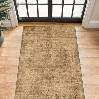 Farmhouse 8x10 Washable Area Rugs for Living Room, Neutral Taupe Brown Abstract Rug for Dining Room and Bedroom, Soft Foldable Low Pile Carpet, Stain Resistant Non-Slip Backing, Distressed Design