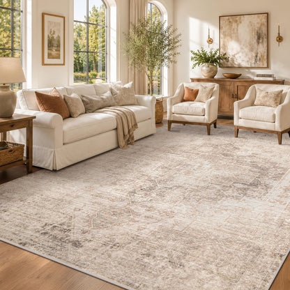Farmhouse 8x10 Washable Area Rugs for Living Room, Neutral Taupe Brown Abstract Rug for Dining Room and Bedroom, Soft Foldable Low Pile Carpet, Stain Resistant Non-Slip Backing, Distressed Design