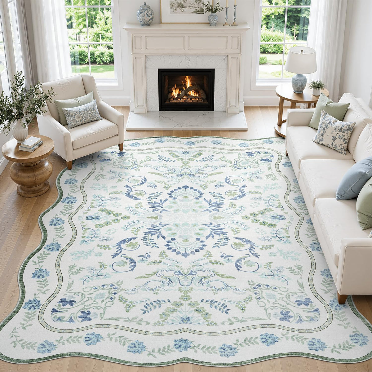 DCX 8x10 Area Rug Living Room: Washable Botanical Carpet Blue and Green