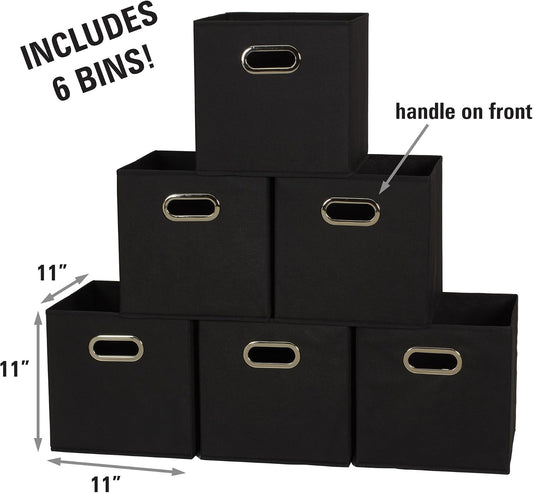 Household Essentials Foldable Fabric Storage Bins 6 Piece Set, Strong Poly-Woven Fabric, Sturdy Chipboard Sides, Grommet Front Handle, Stackable, Classic Design, Black