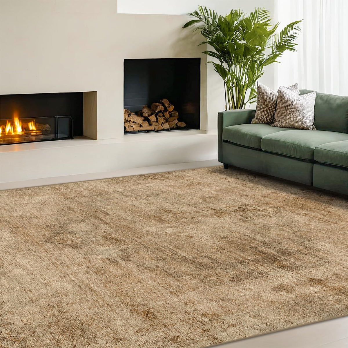 Farmhouse 8x10 Washable Area Rugs for Living Room, Neutral Taupe Brown Abstract Rug for Dining Room and Bedroom, Soft Foldable Low Pile Carpet, Stain Resistant Non-Slip Backing, Distressed Design