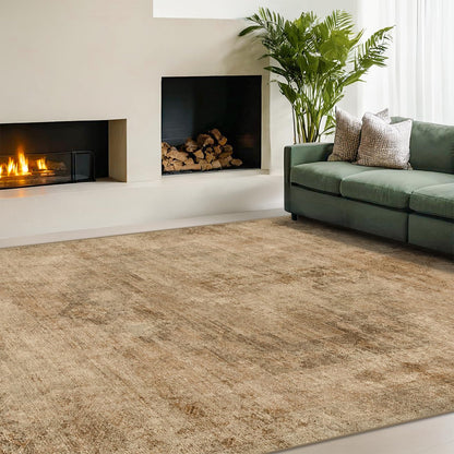 Farmhouse 8x10 Washable Area Rugs for Living Room, Neutral Taupe Brown Abstract Rug for Dining Room and Bedroom, Soft Foldable Low Pile Carpet, Stain Resistant Non-Slip Backing, Distressed Design