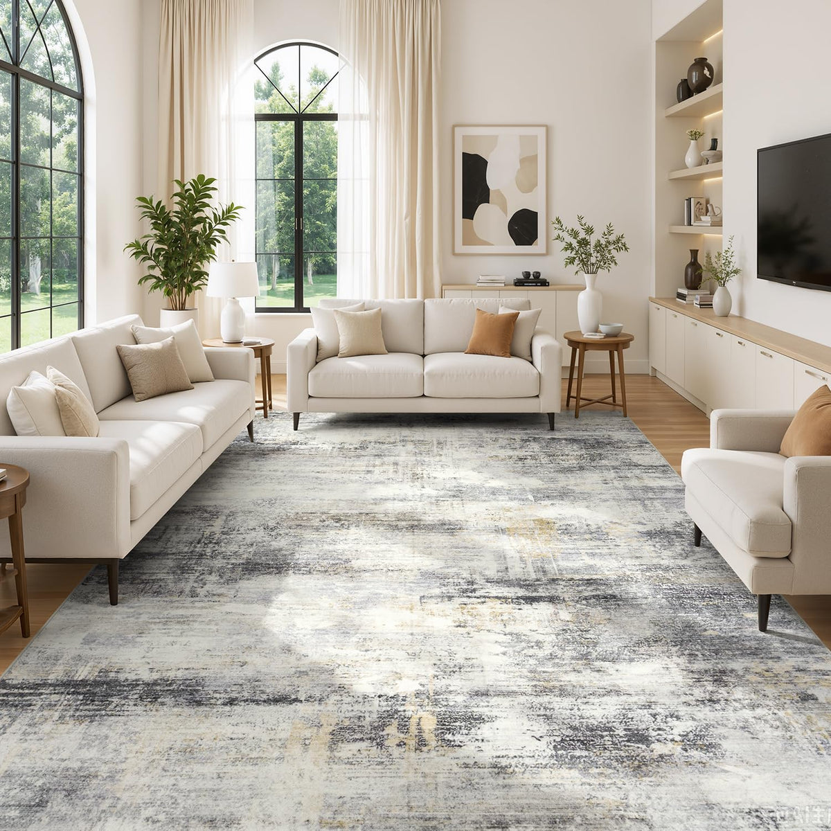 Living Room Rug 5x7, Washable Modern Abstract Rugs Black and White