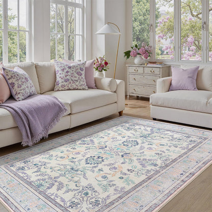 DCX 8x10 Area Rug Living Room: Washable Botanical Carpet Blue and Green