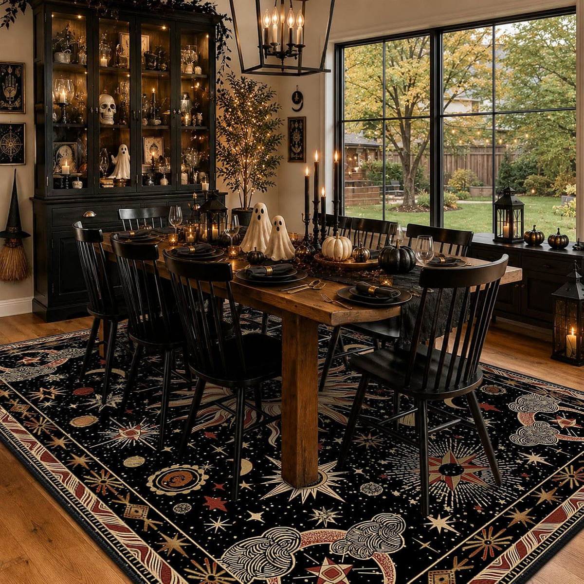 Vacuum-Friendly, 8x10 Washable Area Rug, Black Gold Beige Red
