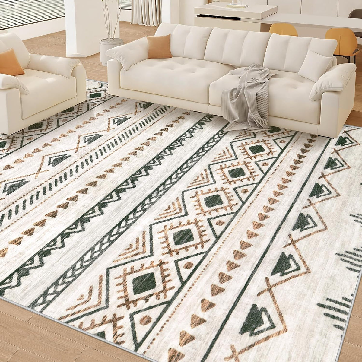 Area Rug Living Room Rugs 8x10 - Large Soft Boho Geometric Rug, Non-Slip Foldable Washable Rugs Non Shedding Morden Indoor Floor Carpet for Living Room Bedroom Office Dining Room(Brown Green,8'x10')