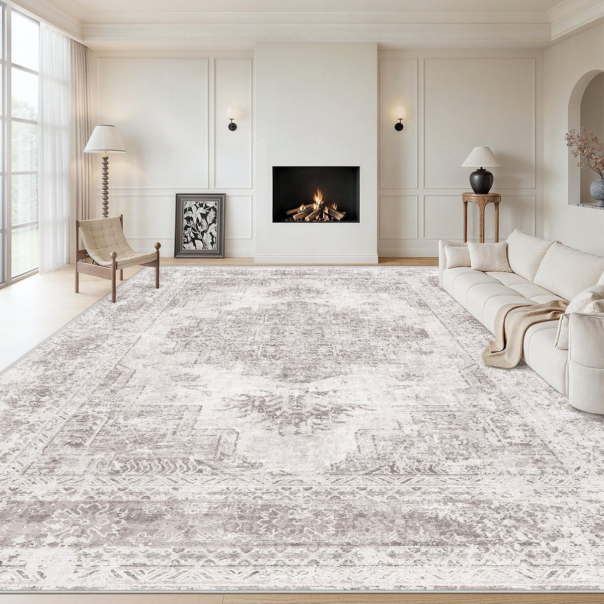 XLUEZ Area Rug 8x10 Living Room Rug, Machine Washable Vintage Distressed Medallion Rug Non-Slip Soft Low Pile Large Indoor Rugs for Bedroom Dining Room Office Children's Room (Beige,8'x10')