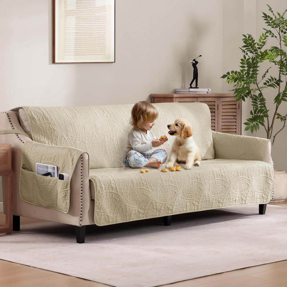 Quilted Sofa Slipcovers with Pockets, Anti-Slip Medallion Designed Couch Covers for 3 Cushion Sofa, Couch Cover for Dogs Cats Water-Repellent Machine Washable (Large Sofa 68", Ivory White)
