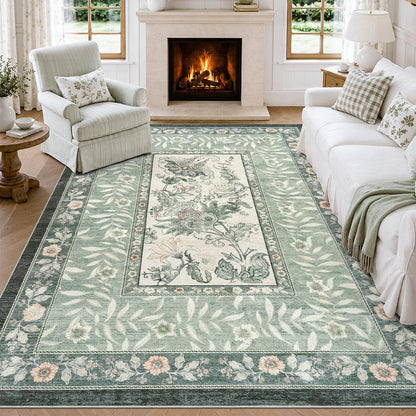 DCX 8x10 Area Rug Living Room: Washable Botanical Carpet Blue and Green